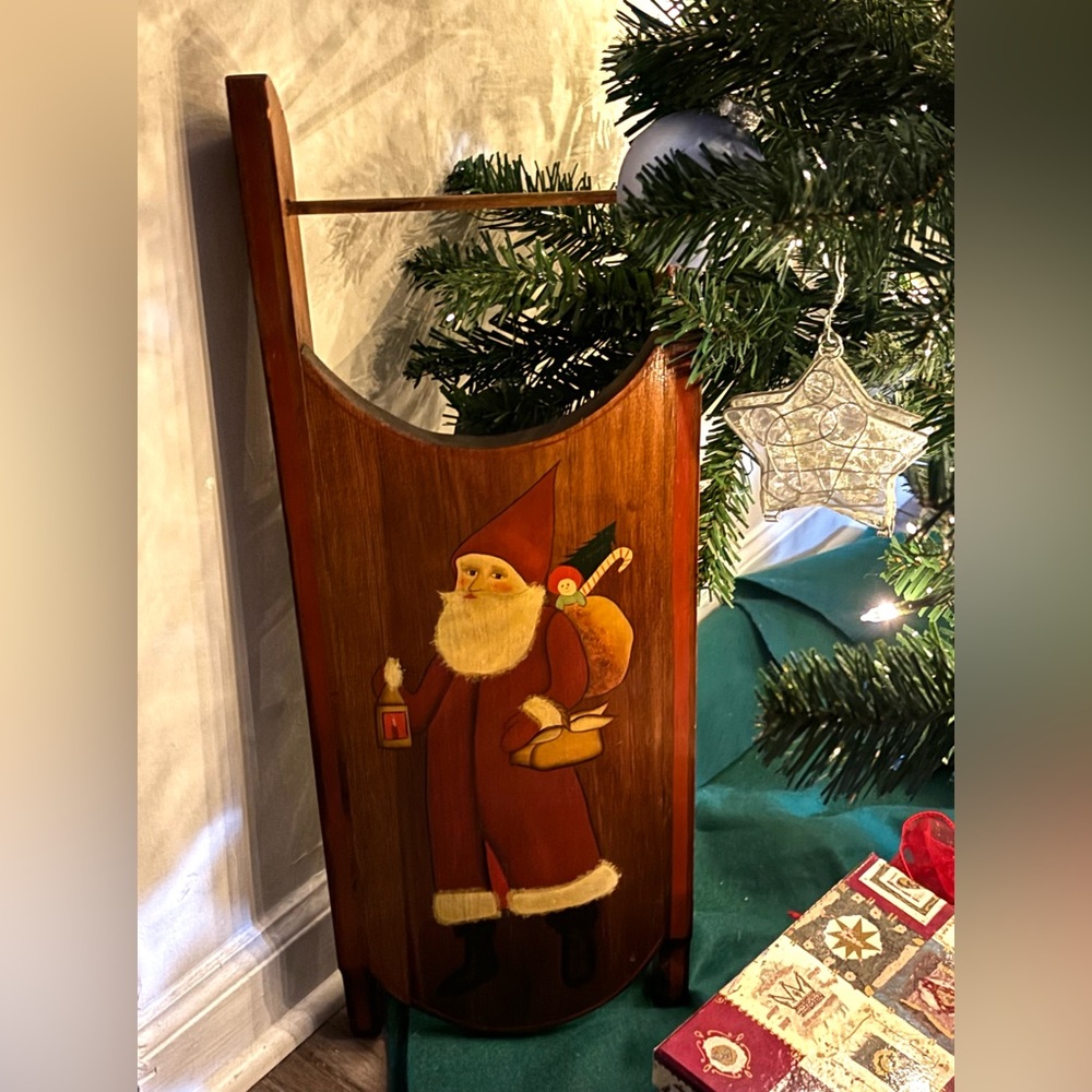 🎅🏻Antique American Folk Art Primitive Christmas Old Santa Hand Painted Sled